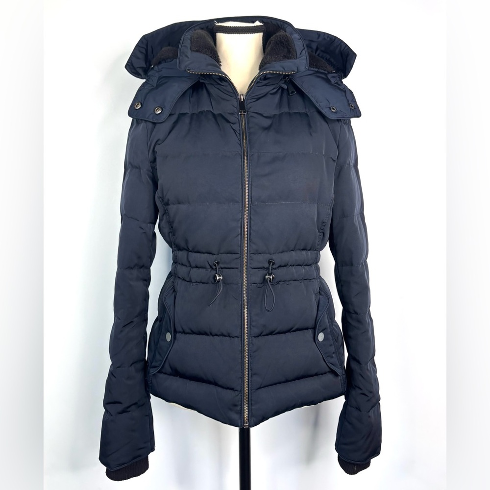 Zara‎ Woman Navy Blue Down Filled Puffer Jacket Warm Fleece Lined Hooded Parka M